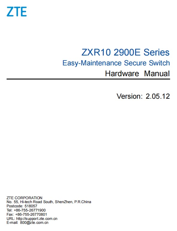 ZTE ZXR10 2900E Series Switch Hardware Manual Datasheet