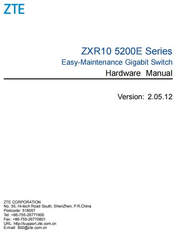 ZTE ZXR10 5200E Series Switch Hardware Manual Datasheet