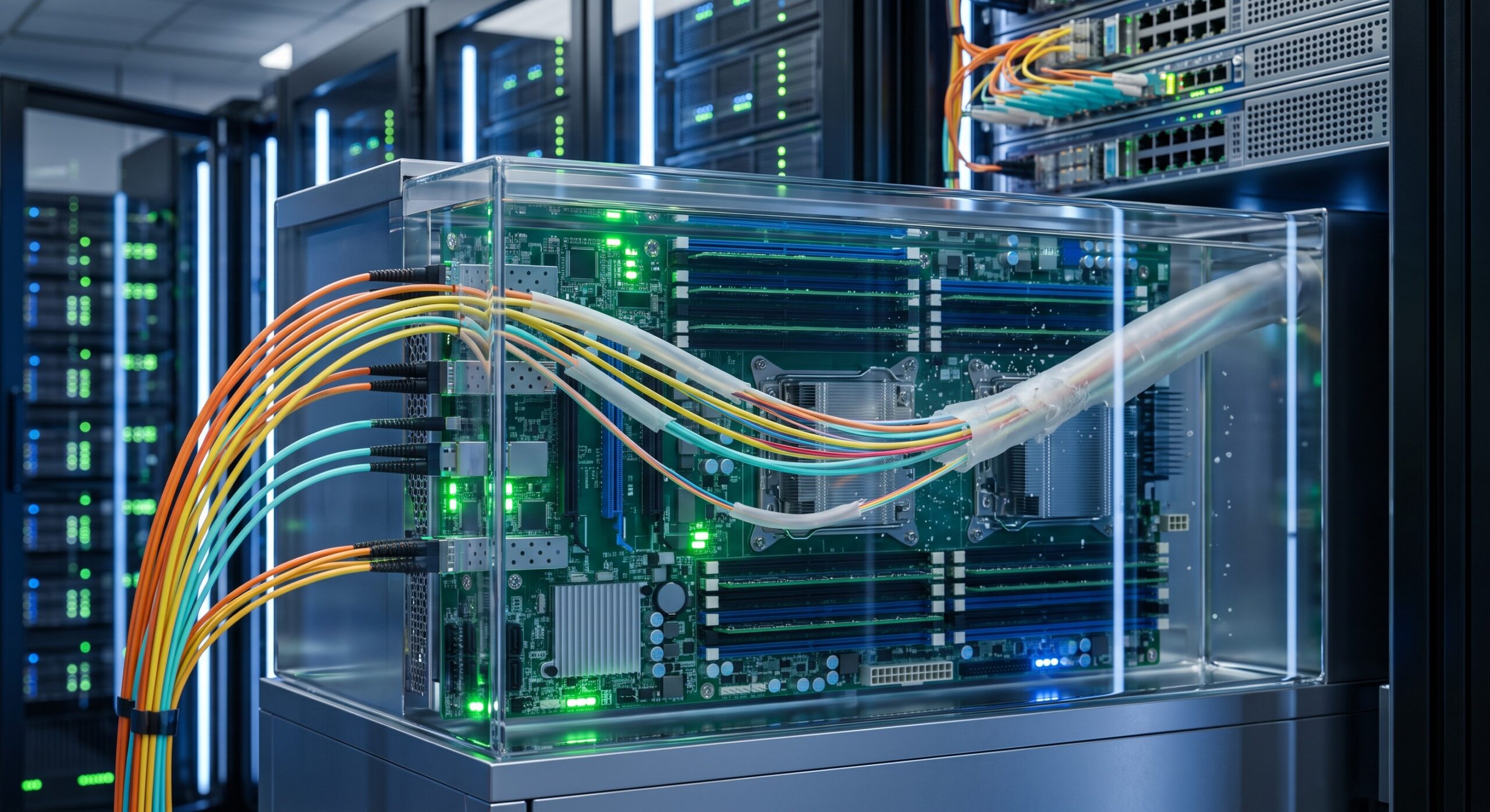 Disruptive Hardware Innovations Inside the Immersion Liquid Cooling Compute Modules: Optical Fiber Jacket Material Dissolution Switching Ecosystem details